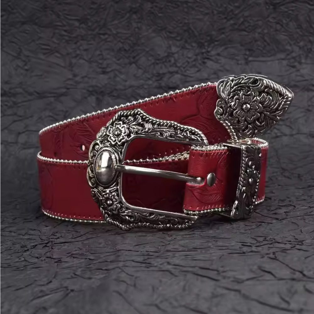 Red and Silver Western Leather Belt with Ornate Buckle